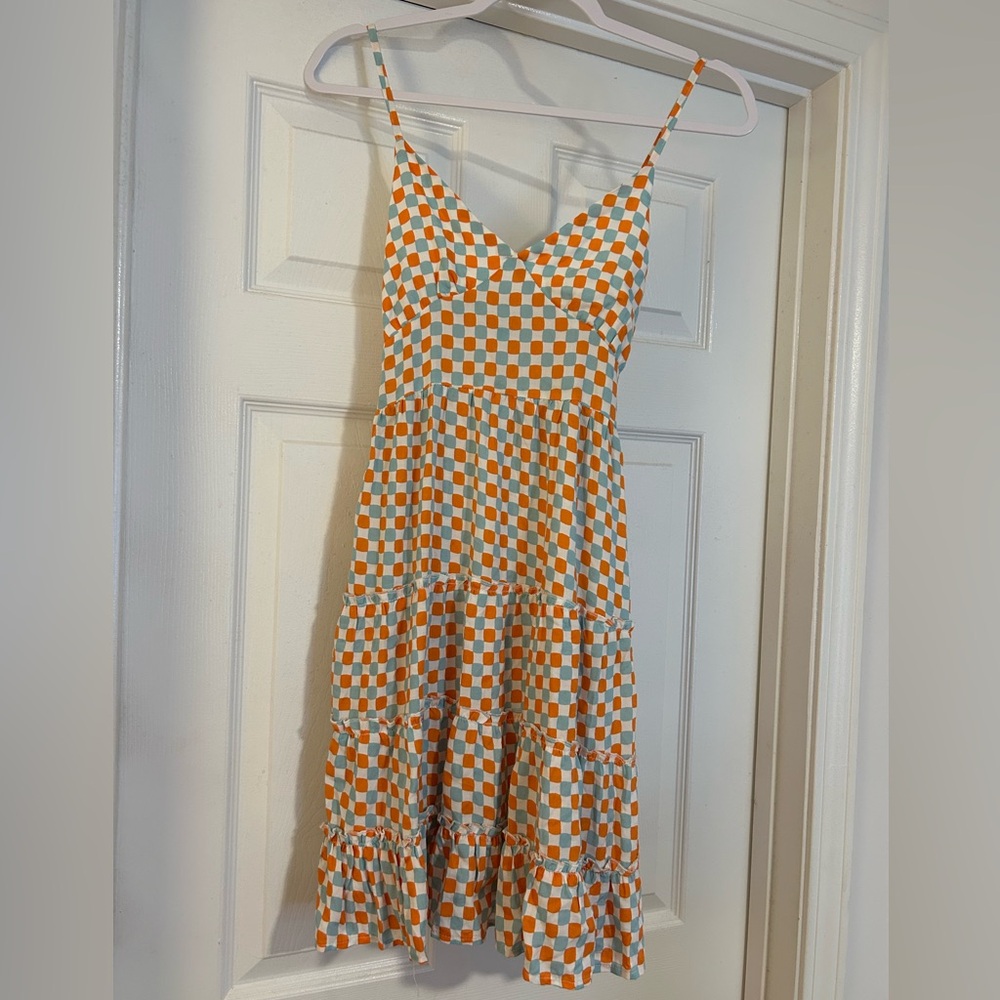 Chic Orange, Teal, and White Checkered Mini Dress